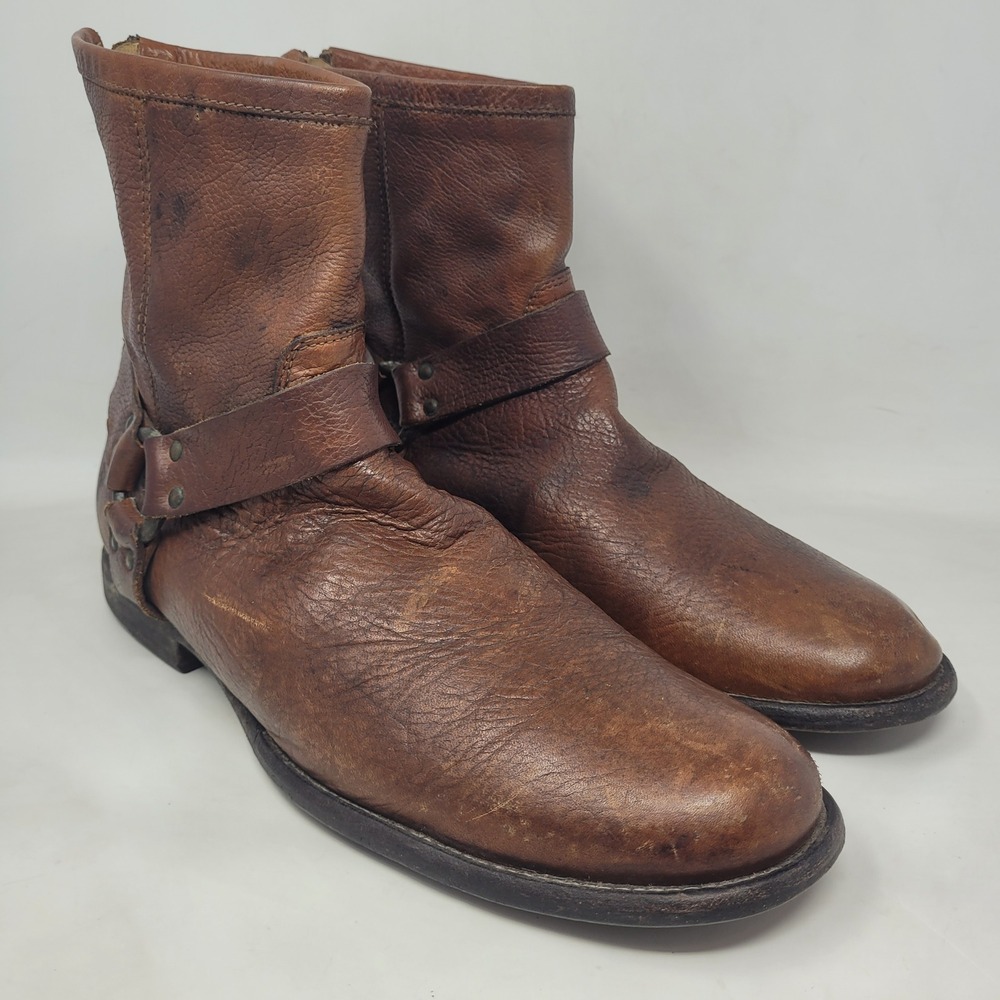 Frye Boots 12D Brown Leather Phillip Harness Short Moto Engineer Distressed Zip